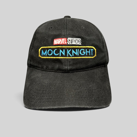 Raree Finds black cotton strapback hat featuring embroidered Marvel Studios and Moon Knight logos from the Disney+ show