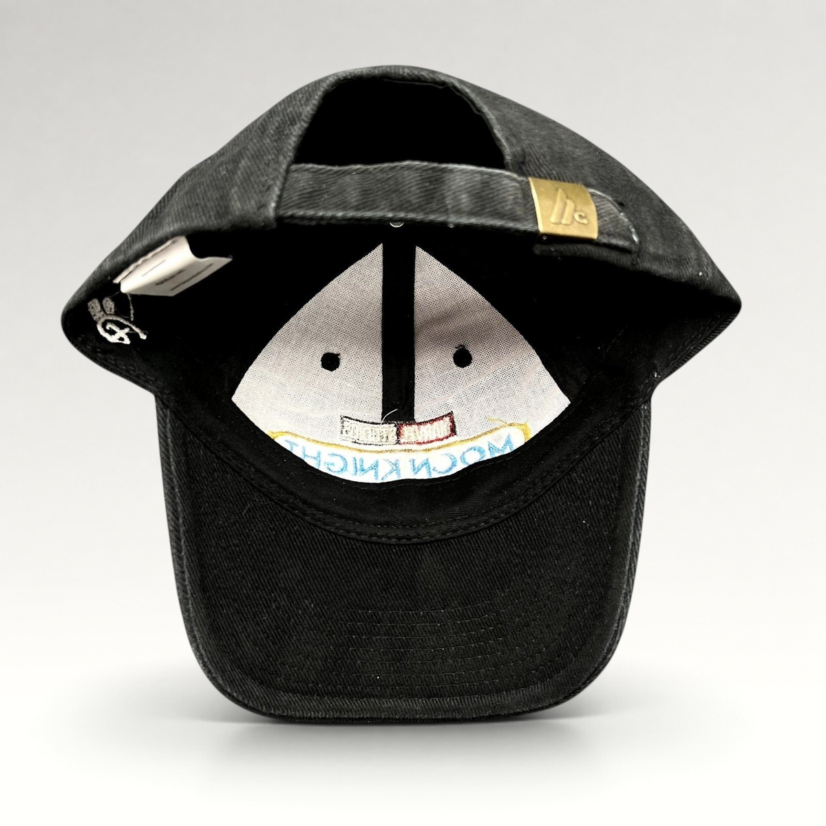 Raree Finds black cotton Moon Knight cast and crew strapback hat with metal slider buckle and interior production tag
