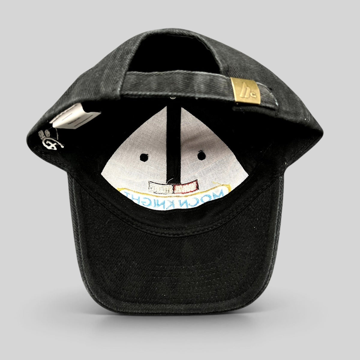 Raree Finds black cotton Moon Knight cast and crew strapback hat with metal slider buckle and interior production tag