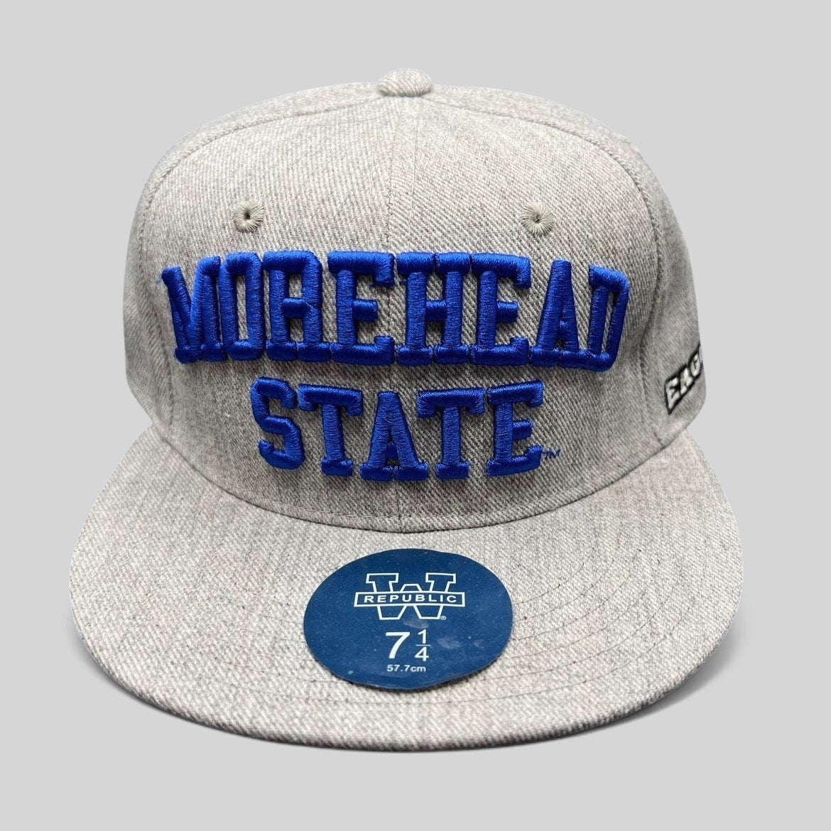 Raree Finds heather gray W Republic fitted cap with raised royal blue Morehead State embroidery and flat brim
