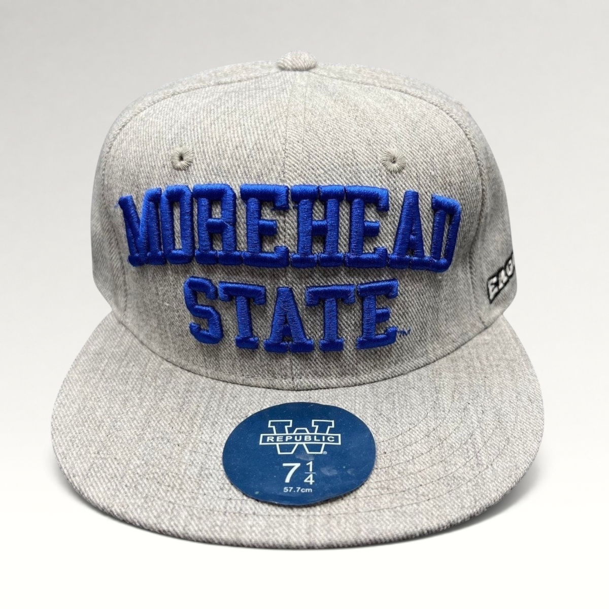Raree Finds heather gray W Republic fitted cap with raised royal blue Morehead State embroidery and flat brim
