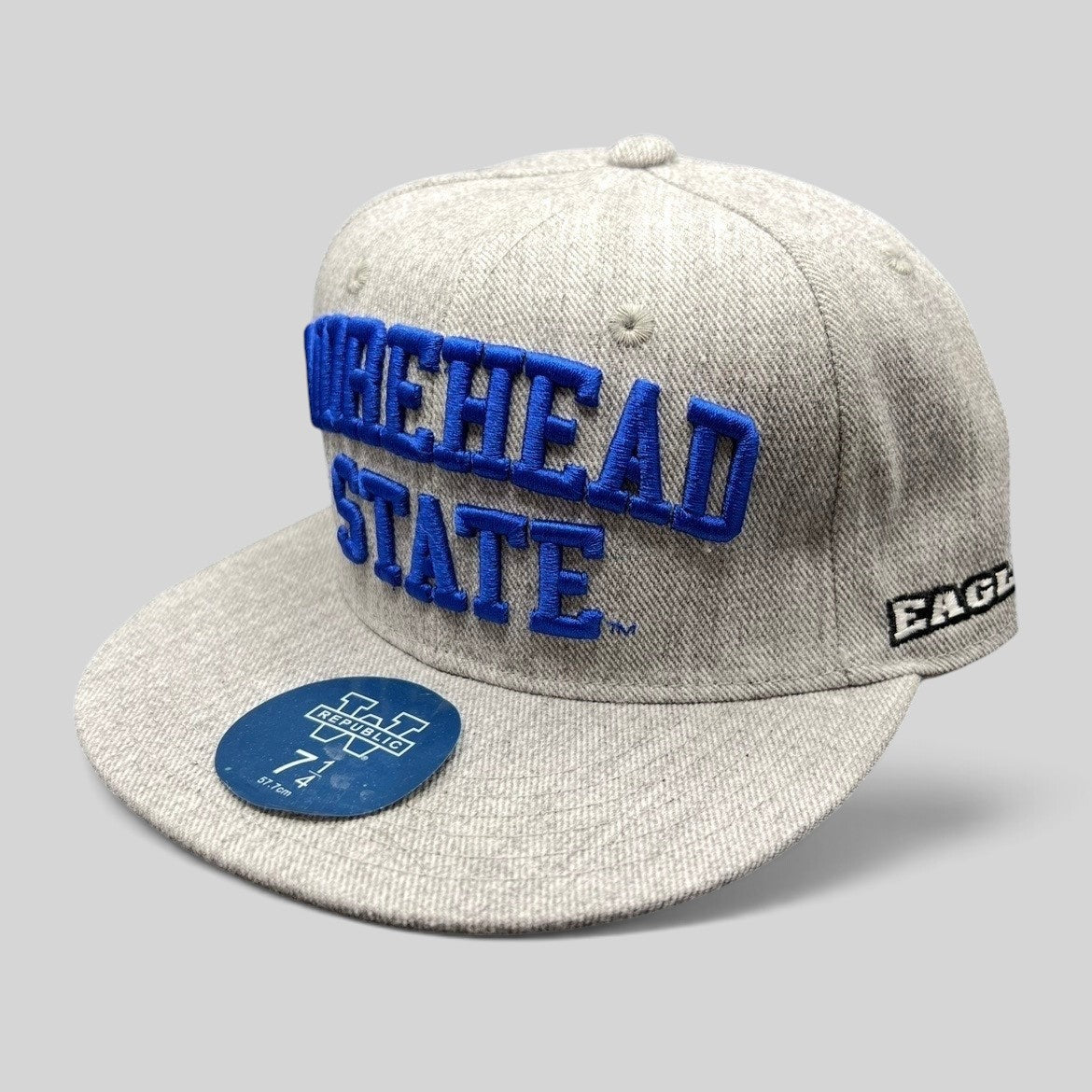Raree Finds Morehead State Eagles fitted cap in heather gray with royal blue raised embroidery and flat brim