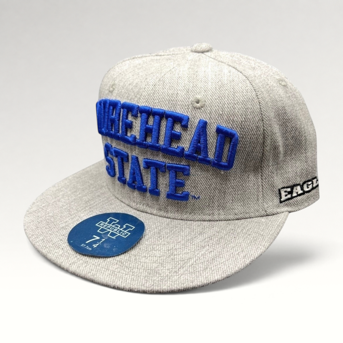 Raree Finds Morehead State Eagles fitted cap in heather gray with royal blue raised embroidery and flat brim