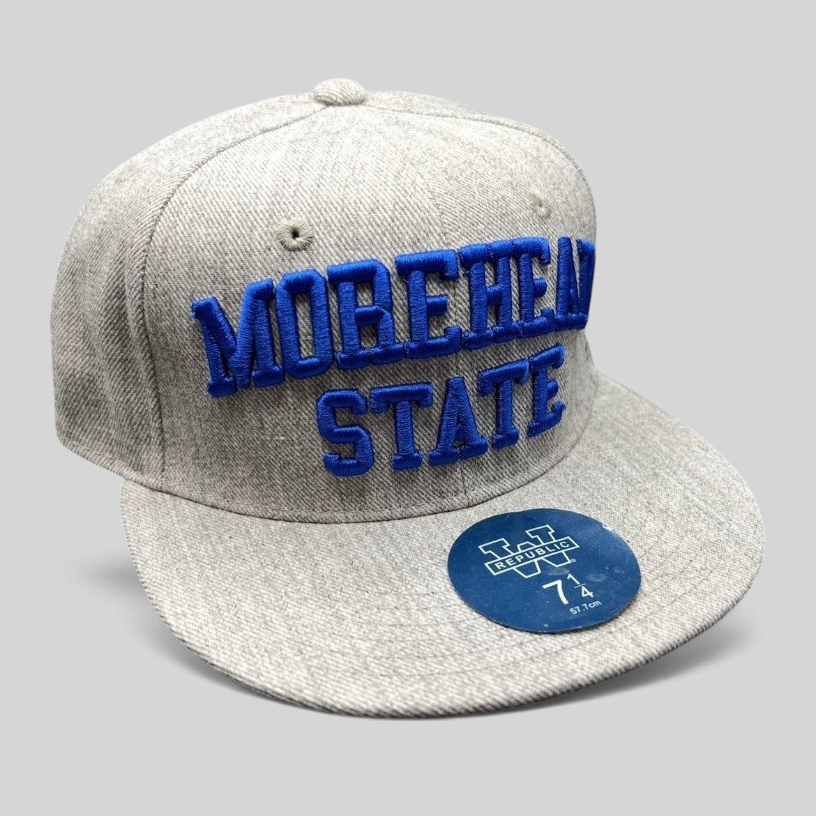 Raree Finds W Republic Morehead State Eagles heather gray fitted cap with royal blue raised embroidery and flat brim.