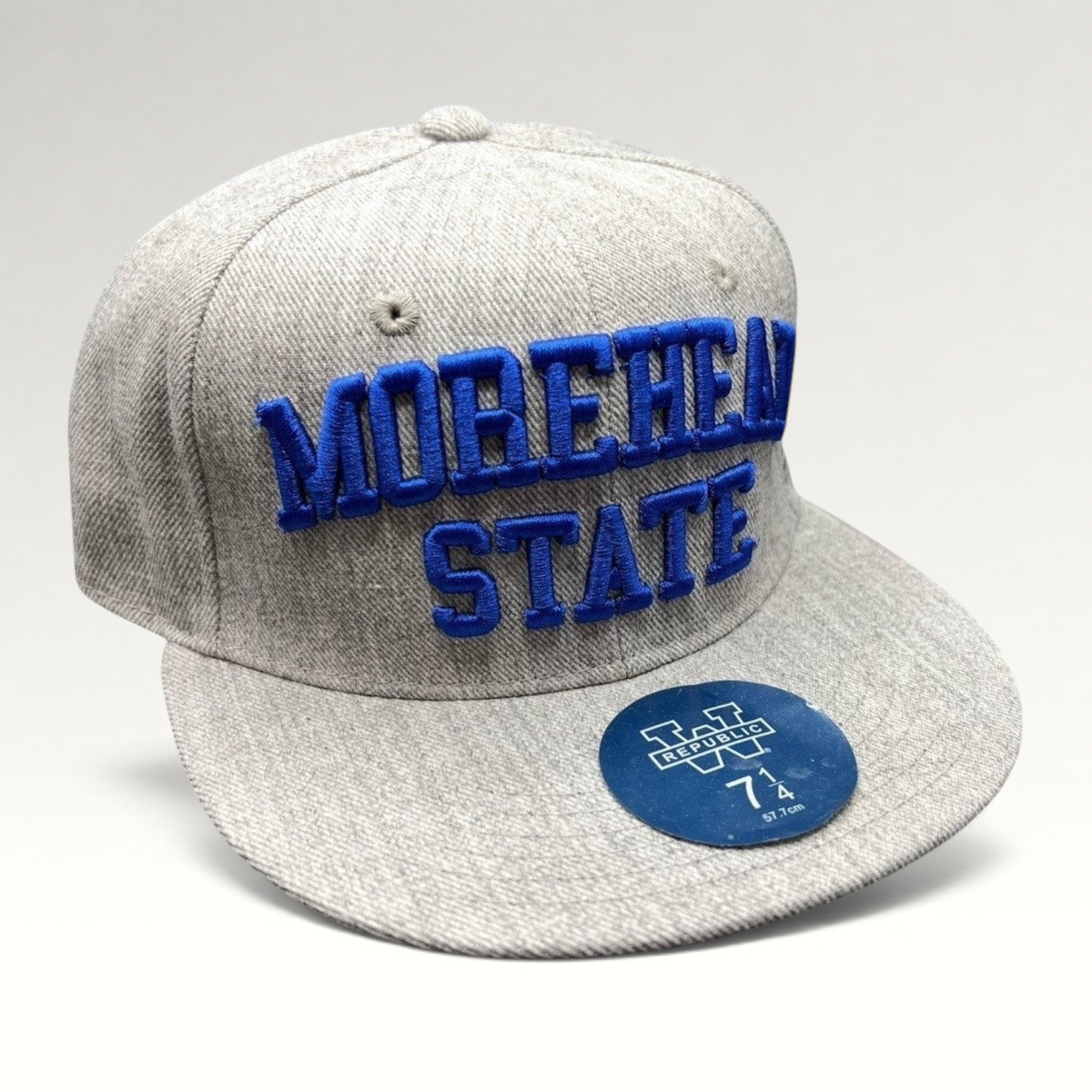 Raree Finds W Republic Morehead State Eagles heather gray fitted cap with royal blue raised embroidery and flat brim.