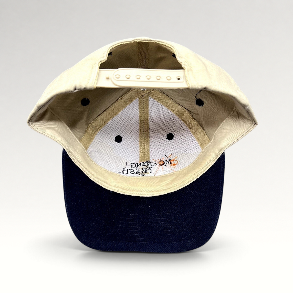 Raree Finds vintage Morning Fresh Farms snapback hat in khaki and navy with an adjustable plastic strap back view