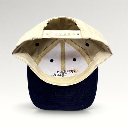 Raree Finds vintage Morning Fresh Farms snapback hat in khaki and navy with an adjustable plastic strap back view