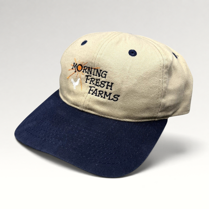 Raree Finds vintage Morning Fresh Farms snapback hat in khaki and navy with embroidered agricultural logo