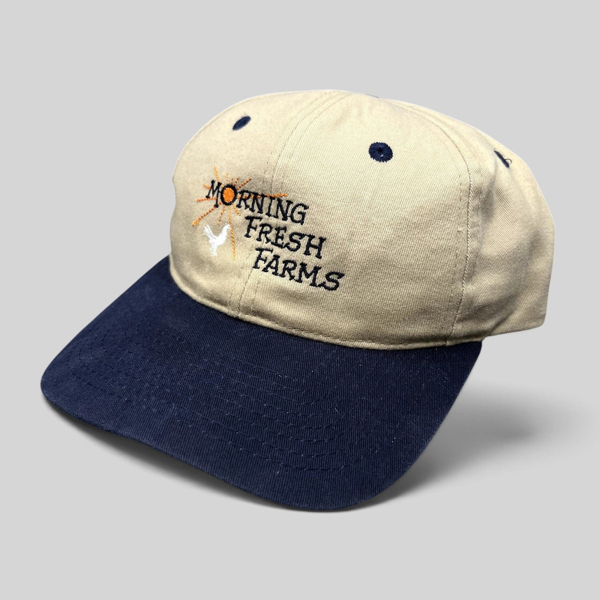 Raree Finds vintage Morning Fresh Farms snapback hat with a khaki crown, navy brim, and embroidered agricultural logo.