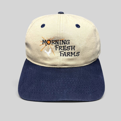 Raree Finds vintage Morning Fresh Farms snapback hat with khaki crown, navy brim, and embroidered agricultural logo.