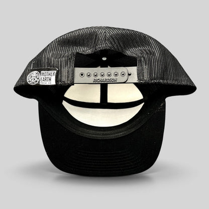 Raree Finds Mother Earth Brew Co Richardson black mesh trucker hat showing the adjustable snapback closure and label