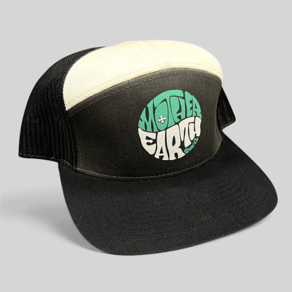Raree Finds Mother Earth Brew Co Richardson trucker hat with black and cream panels, mesh back, and teal logo graphic.