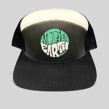 Raree Finds Mother Earth Brew Co Richardson trucker hat in black and cream with a teal and white circular logo