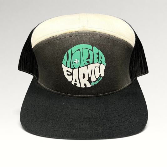 Raree Finds Mother Earth Brew Co Richardson trucker hat in black and cream with a teal and white circular logo
