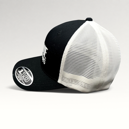 Raree Finds The Movie Guys black and white Flexfit 110 trucker hat with embroidered logo and breathable mesh back