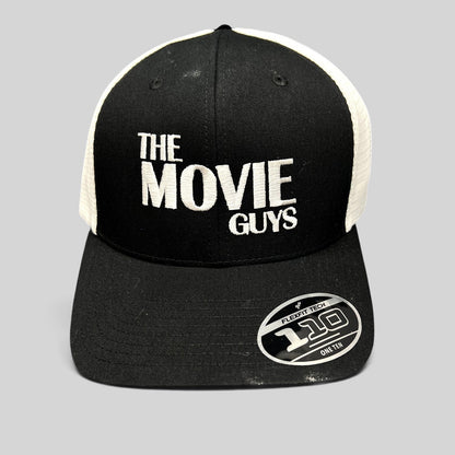 Raree Finds The Movie Guys black and white trucker hat with embroidered logo and Flexfit 110 snapback closure