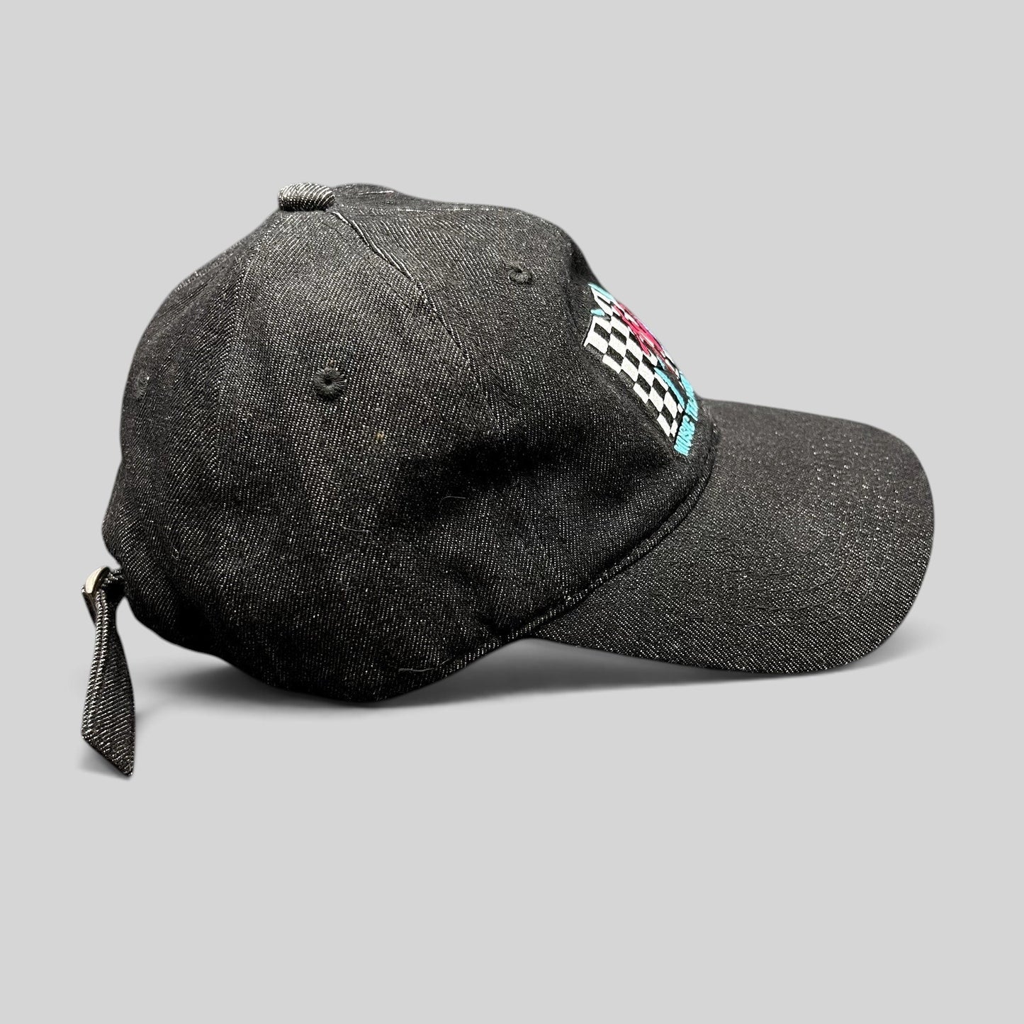 Raree Finds black MTV Music Television strapback hat with checkered logo embroidery and adjustable back closure