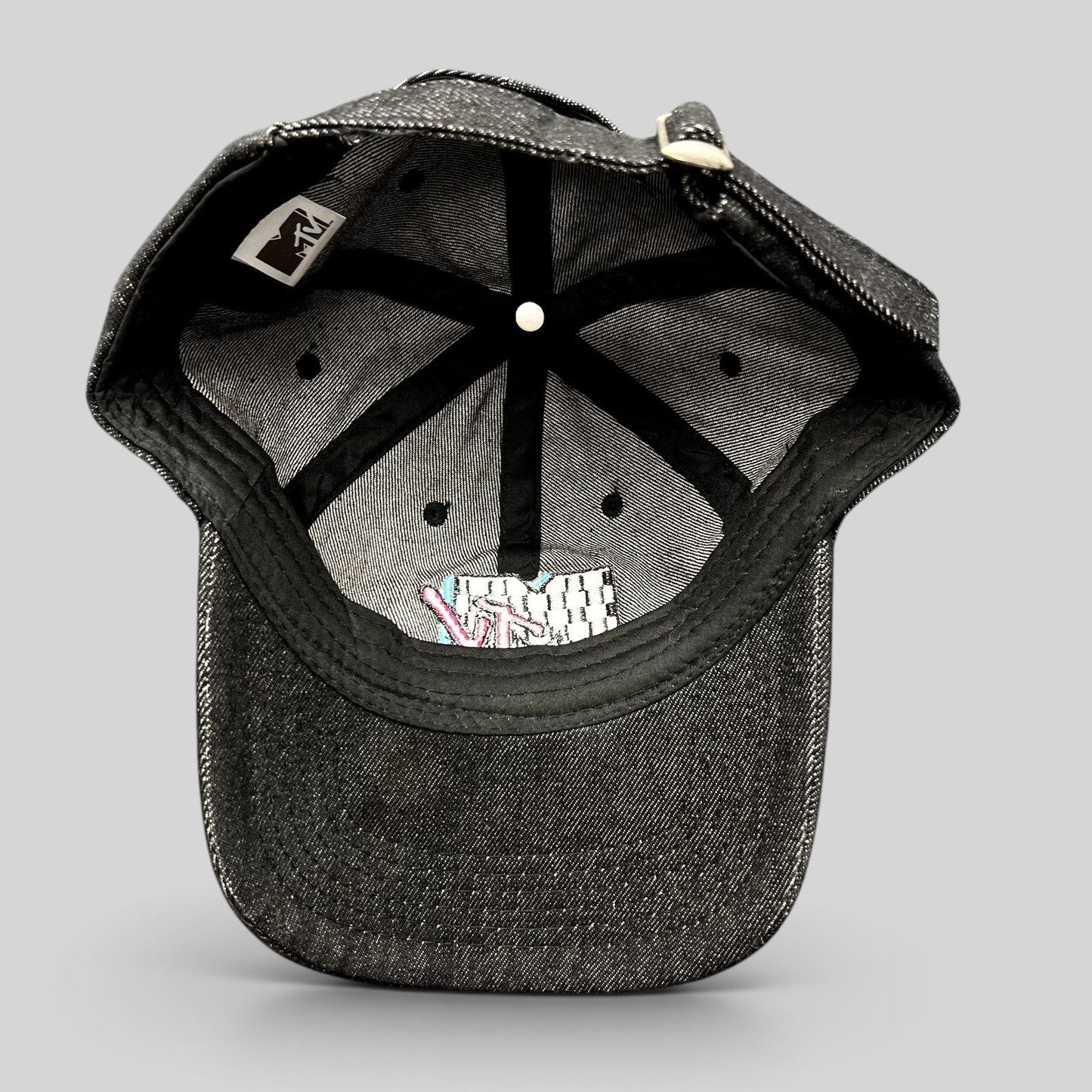 Raree Finds black MTV Music Television strapback hat showing the interior six-panel construction and embroidered logo