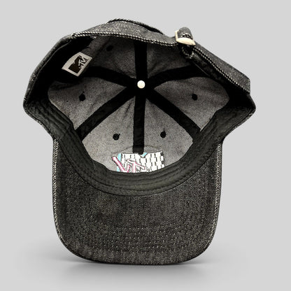 Raree Finds black MTV Music Television strapback hat showing the interior six-panel construction and embroidered logo
