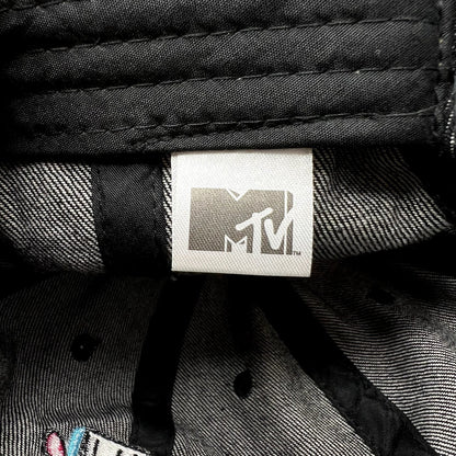 Raree Finds black MTV Music Television cap interior showing the official branded fabric tag and stitching