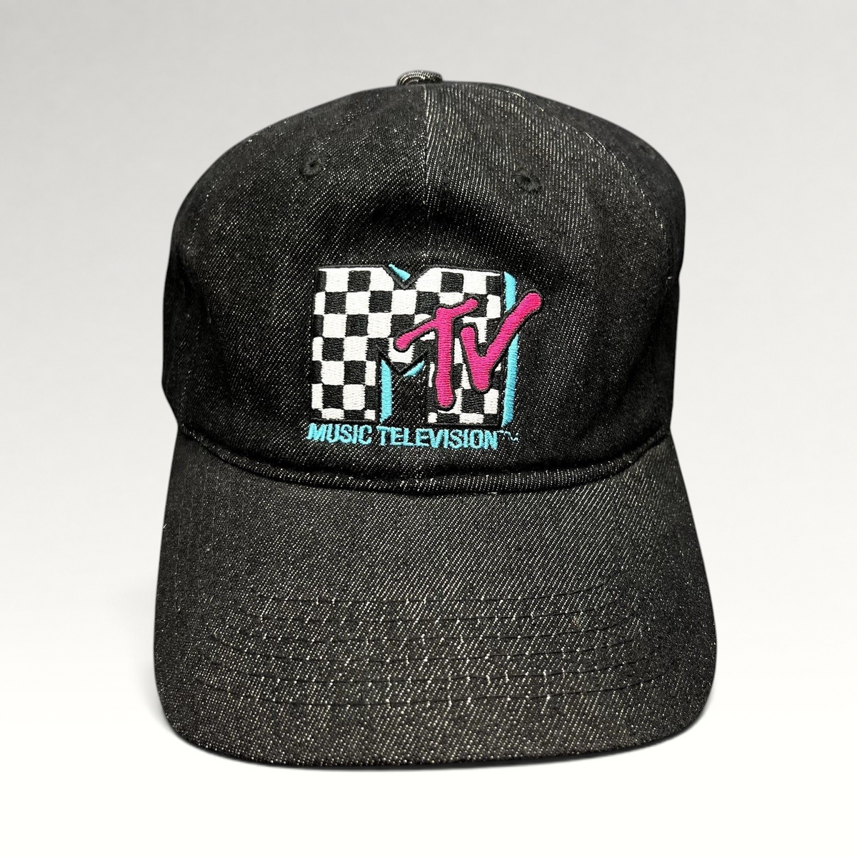 Raree Finds black adjustable strapback hat featuring an embroidered MTV logo with a checkered pattern and neon accents.