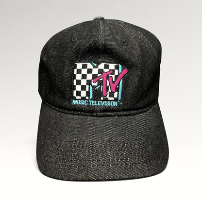 Raree Finds black adjustable strapback hat featuring an embroidered MTV logo with a checkered pattern and neon accents.