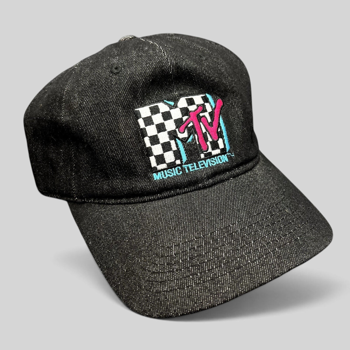 Raree Finds black MTV Music Television strapback hat with an embroidered checkered logo and teal and pink accents.