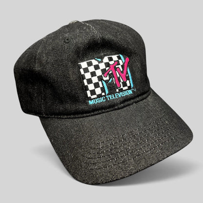 Raree Finds black MTV Music Television strapback hat with an embroidered checkered logo and teal and pink accents.