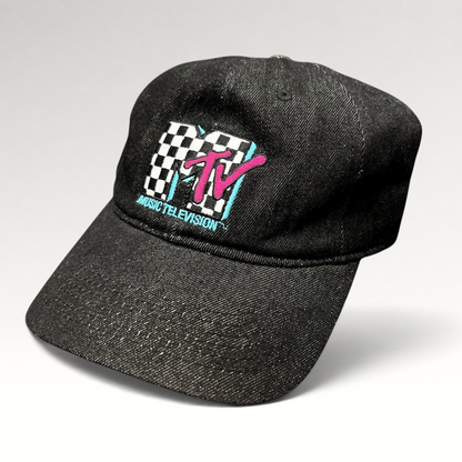Raree Finds black MTV Music Television strapback hat with an embroidered checkered logo and teal and pink accents.