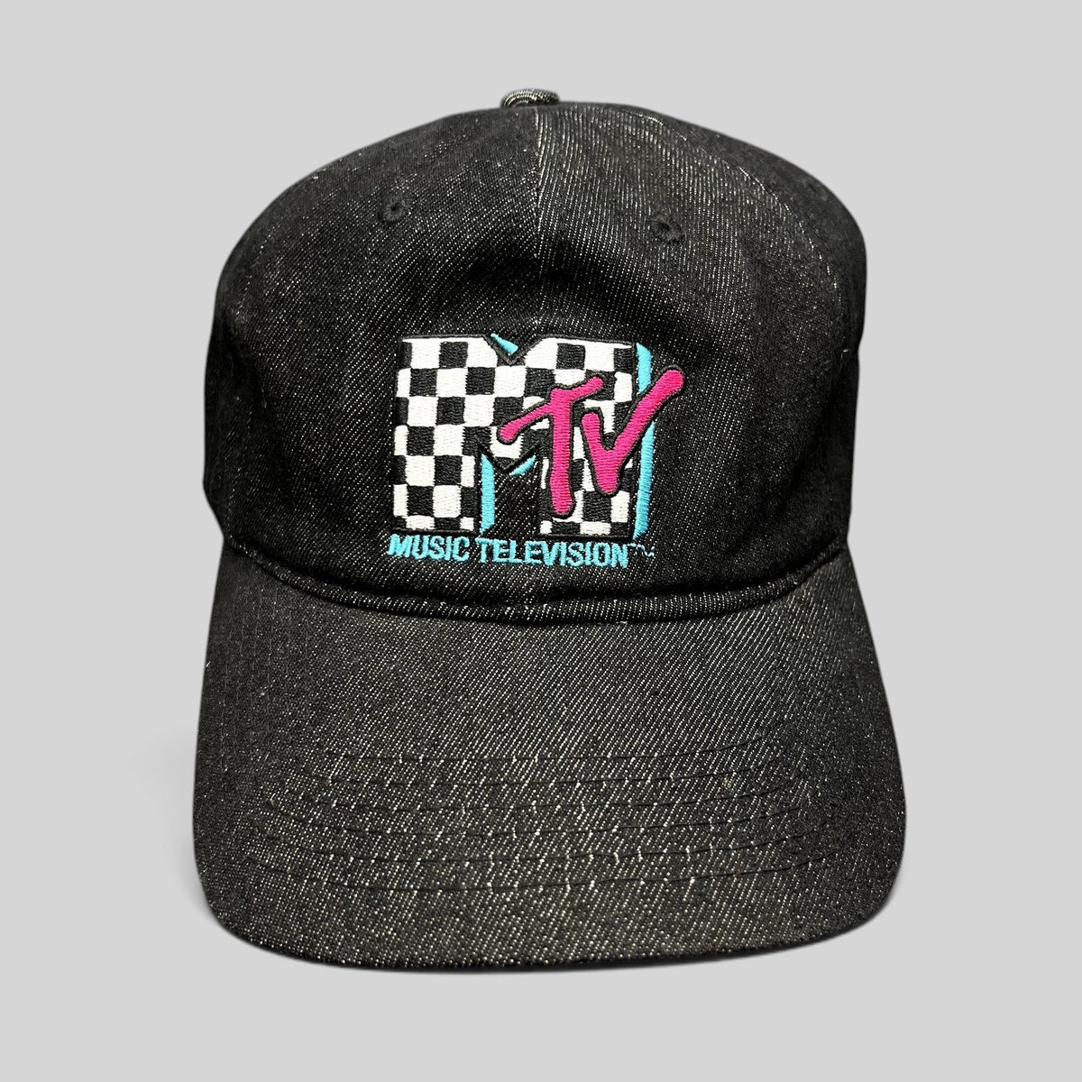 Raree Finds black MTV Music Television strapback hat with an embroidered checkered logo and teal and pink accents.