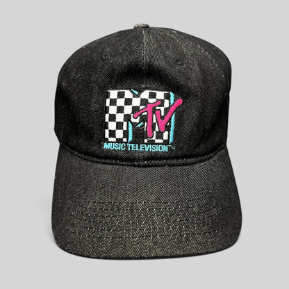 Raree Finds black MTV Music Television strapback hat with an embroidered checkered logo and teal and pink accents.