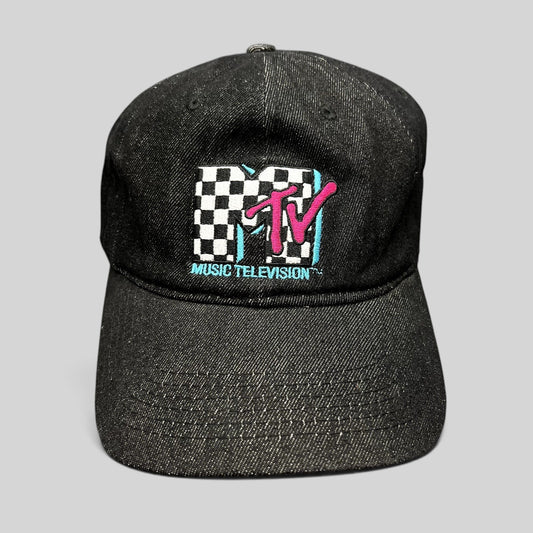 Raree Finds black MTV Music Television strapback hat with an embroidered checkered logo and teal and pink accents.