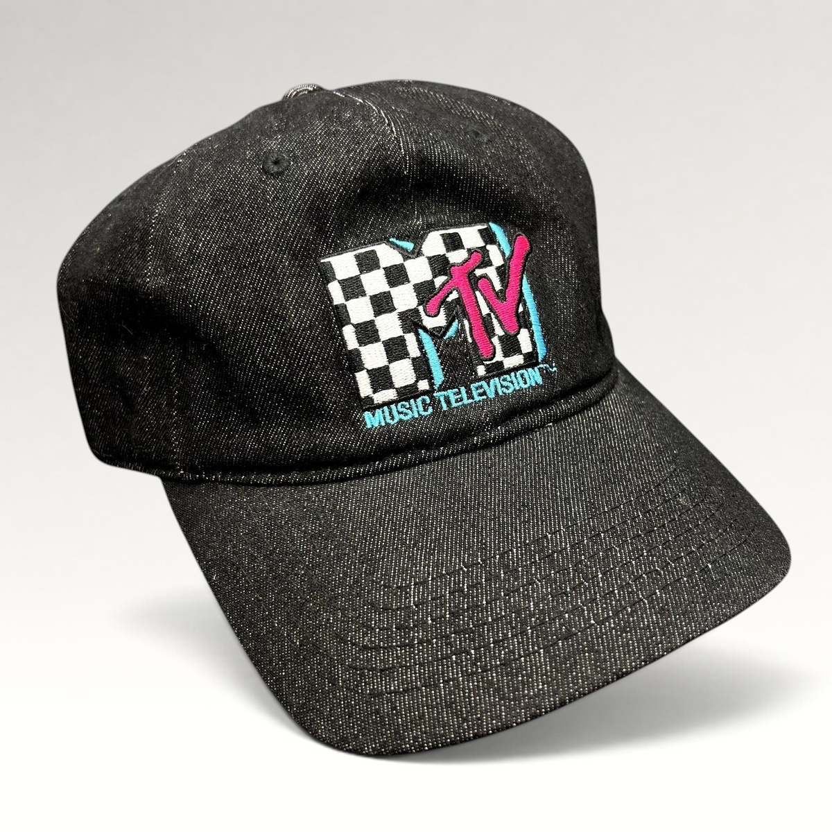 Raree Finds black MTV Music Television strapback hat with an embroidered checkered logo and teal and pink accents.
