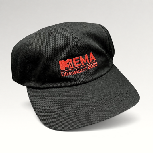 Raree Finds black six-panel strapback hat with red embroidered MTV EMA Düsseldorf 2022 logo on the front