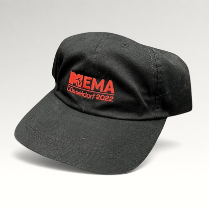 Raree Finds black six-panel strapback hat with red embroidered MTV EMA Düsseldorf 2022 logo on the front