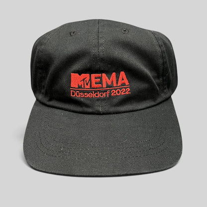 Raree Finds black Beechfield strapback hat with red embroidered MTV EMA Düsseldorf 2022 logo on the front panel.