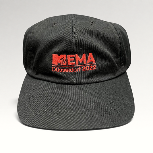 Raree Finds black Beechfield strapback hat with red embroidered MTV EMA Düsseldorf 2022 logo on the front panel.