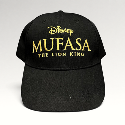Raree Finds Disney Mufasa The Lion King 2024 promo strapback hat in black cotton with gold embroidered front logo.