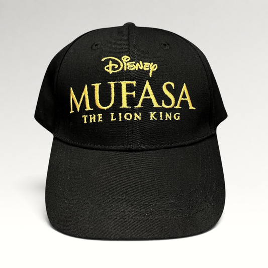 Raree Finds Disney Mufasa The Lion King 2024 promo strapback hat in black cotton with gold embroidered front logo.