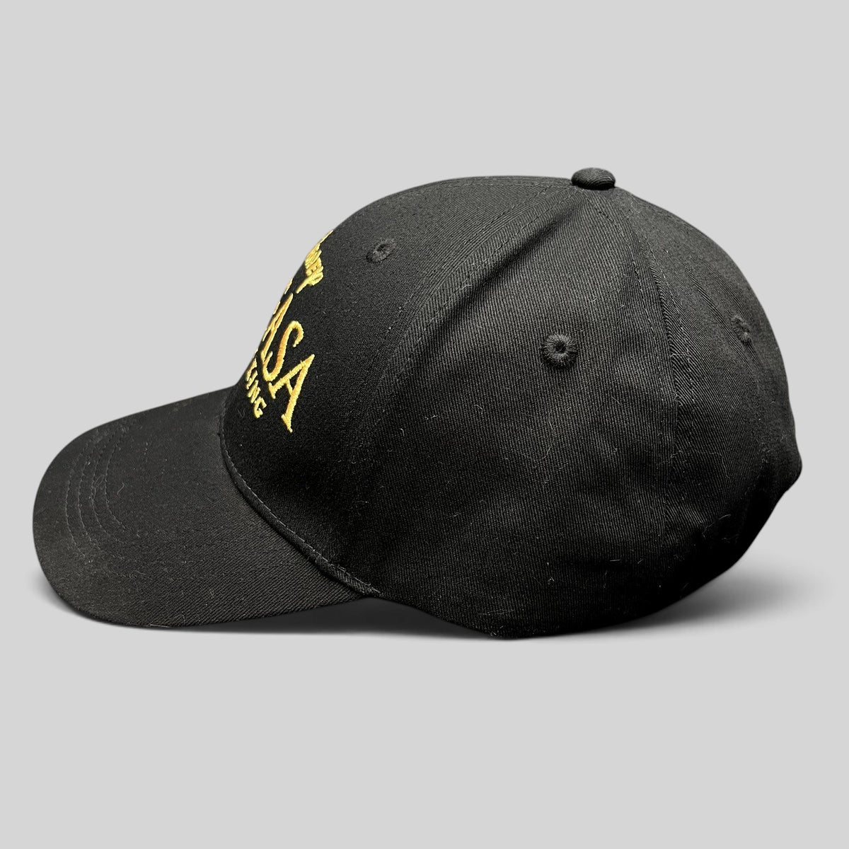 Raree Finds Disney Mufasa The Lion King 2024 promotional black cotton strapback hat with gold embroidered lettering