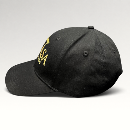 Raree Finds Disney Mufasa The Lion King 2024 promotional black cotton strapback hat with gold embroidered lettering