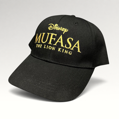Raree Finds Disney Mufasa The Lion King 2024 promotional black cotton strapback hat with gold embroidered lettering.