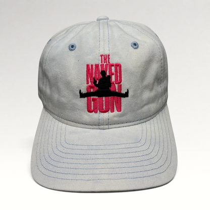 Raree Finds white cotton strapback hat with pink The Naked Gun embroidery and light blue stitching details