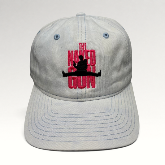 Raree Finds white cotton strapback hat with pink The Naked Gun embroidery and light blue stitching details