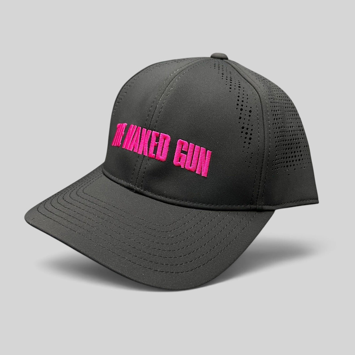 Raree Finds The Naked Gun 2024 promo snapback hat in black performance fabric with hot pink embroidered lettering.