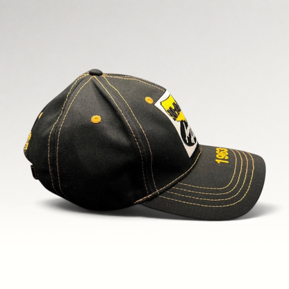 Raree Finds vintage NAPA Auto Parts strapback cap in black cotton with yellow embroidery and 1963 brim detail