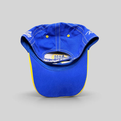 Raree Finds vintage royal blue NAPA Racing strapback hat with yellow underbrim and Ron Capps signature embroidery