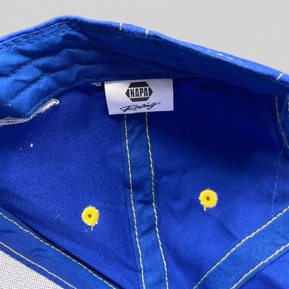 Raree Finds vintage royal blue NAPA Racing cotton hat interior with branded label and yellow stitched eyelets