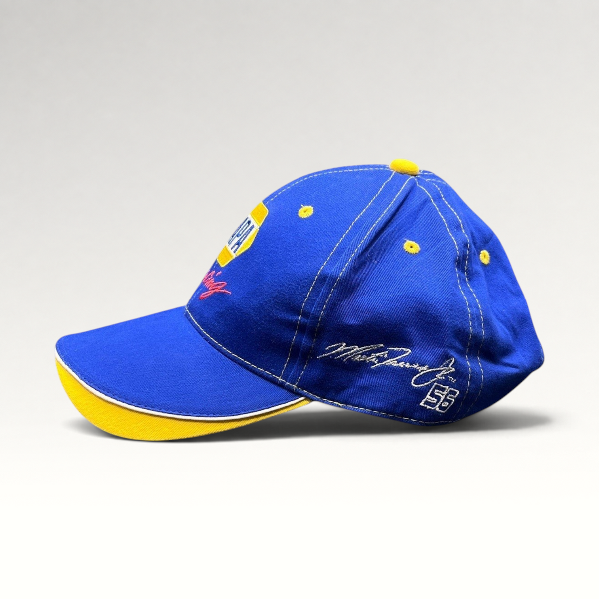 Raree Finds vintage royal blue NAPA Racing strapback hat with yellow accents and Ron Capps signature embroidery