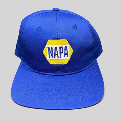 Raree Finds vintage royal blue NAPA racing snapback hat with embroidered yellow and white hex logo on front panel